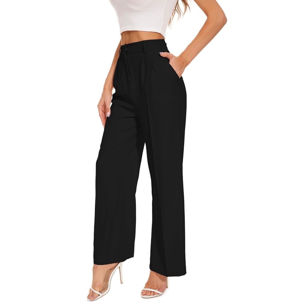 NWT FUNYYZO Women Black Wide Leg High Waist Business Work Trousers Suit Pants L